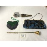 VINTAGE SILK BAG WITH A BEADED PURSE AND BRASS CANDLE SNUFFER AND MORE