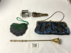 VINTAGE SILK BAG WITH A BEADED PURSE AND BRASS CANDLE SNUFFER AND MORE