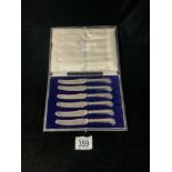 SET OF 6 HALLMARKED SILVER PISTOL GRIP HANDLED TEA KNIVES IN CASE.