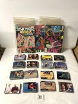 DC COMICS 16 STAR TREK COMICS; 1980's AND A QUANTITY OF LOOSE STAR TREK CARDS.