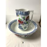 LOLSOL WARE FLORAL DECORATED WASH BOWL AND JUG, A/F.