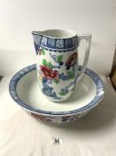 LOLSOL WARE FLORAL DECORATED WASH BOWL AND JUG, A/F.