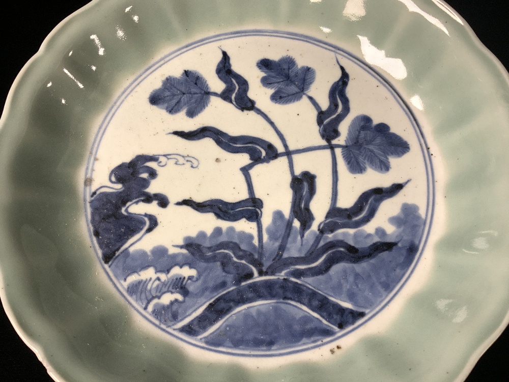 ANTIQUE CHINESE BLUE AND WHITE CELADON SHALLOW BOWL; 29 CMS. - Image 2 of 4