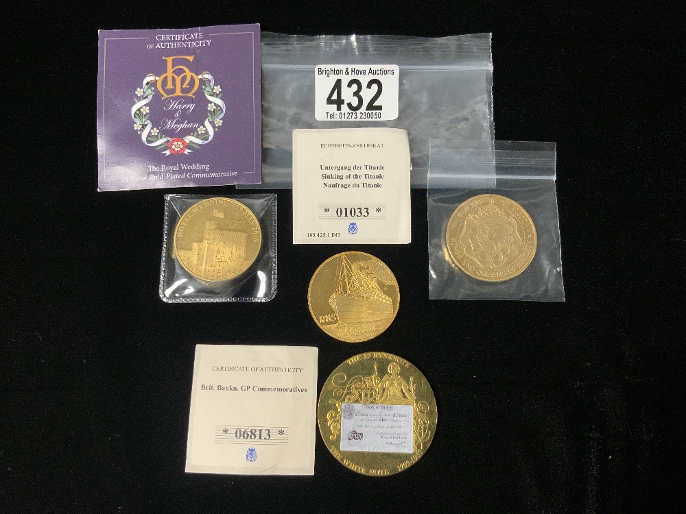 THREE GOLD PLATED COMMEMORATIVE COINS.