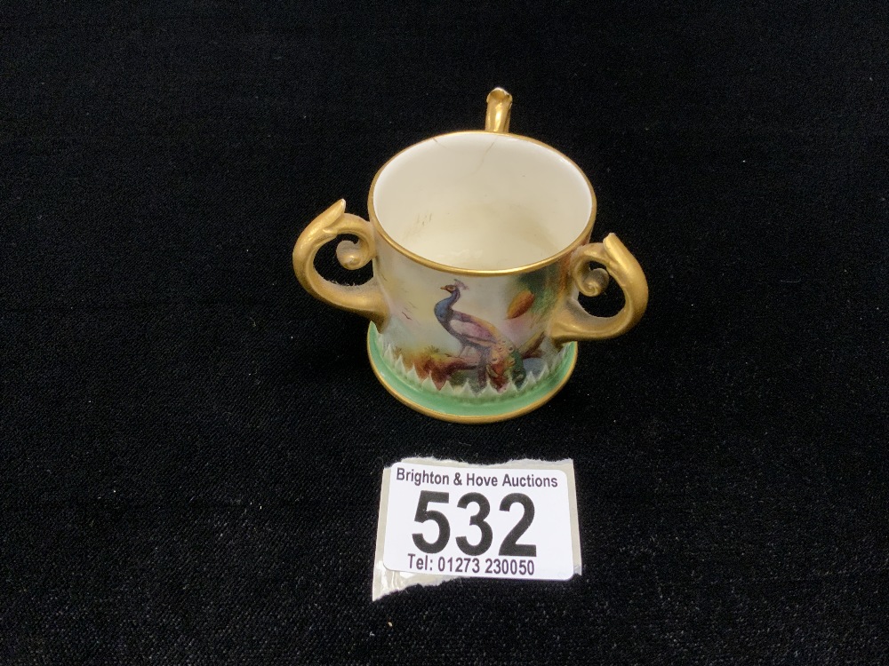 A SMALL ROYAL WORCESTER TYG PAINTED WITH PHEASANT; A/F.