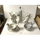 GERMAN PORCELAIN SHELL SHAPE VASE SURMOUNTED BY A PUTTI, 20 CMS, 2 LLADRO FIGURES A/F, AND A