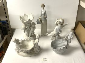 GERMAN PORCELAIN SHELL SHAPE VASE SURMOUNTED BY A PUTTI, 20 CMS, 2 LLADRO FIGURES A/F, AND A