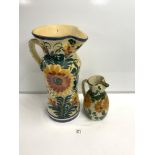 TWO LARGE CONTINENTAL CERAMIC JUGS DECORATED WITH FLOWERS LARGEST 52CM