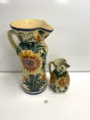 TWO LARGE CONTINENTAL CERAMIC JUGS DECORATED WITH FLOWERS LARGEST 52CM