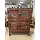 A CHINESE RED PAINTED 2 PART FOUR DOOR CABINET, DECORATED WITH FIGURES ON HORSE BACK, 93X42X124