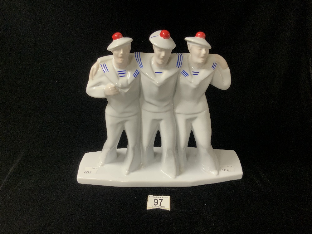 FRENCH ART DECO STYLE PORCELAIN GROUP AFTER 'EDOUARD CAZAUX', 'THREE SAILORS ON LEAVE', 29 CMS. - Image 4 of 4