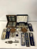 A CASED SET OF MOP HANDLE PLATED FISH KNIVES AND FORKS, FOUR SILVER HANDLE SERVING SPOONS, SILVER