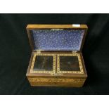 VICTORIAN ROSEWOOD AND TUNBRIDGE WARE RECTANGULAR 2 DIVISION TEA CADDY WITH PARQUETRY INLAID LID, 22