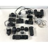 A QUANTITY OF CAMERAS, LENSES AND MORE WITH A PAIR OF PRINZ BINOCULARS (10X50). INCLUDES ZENIT,