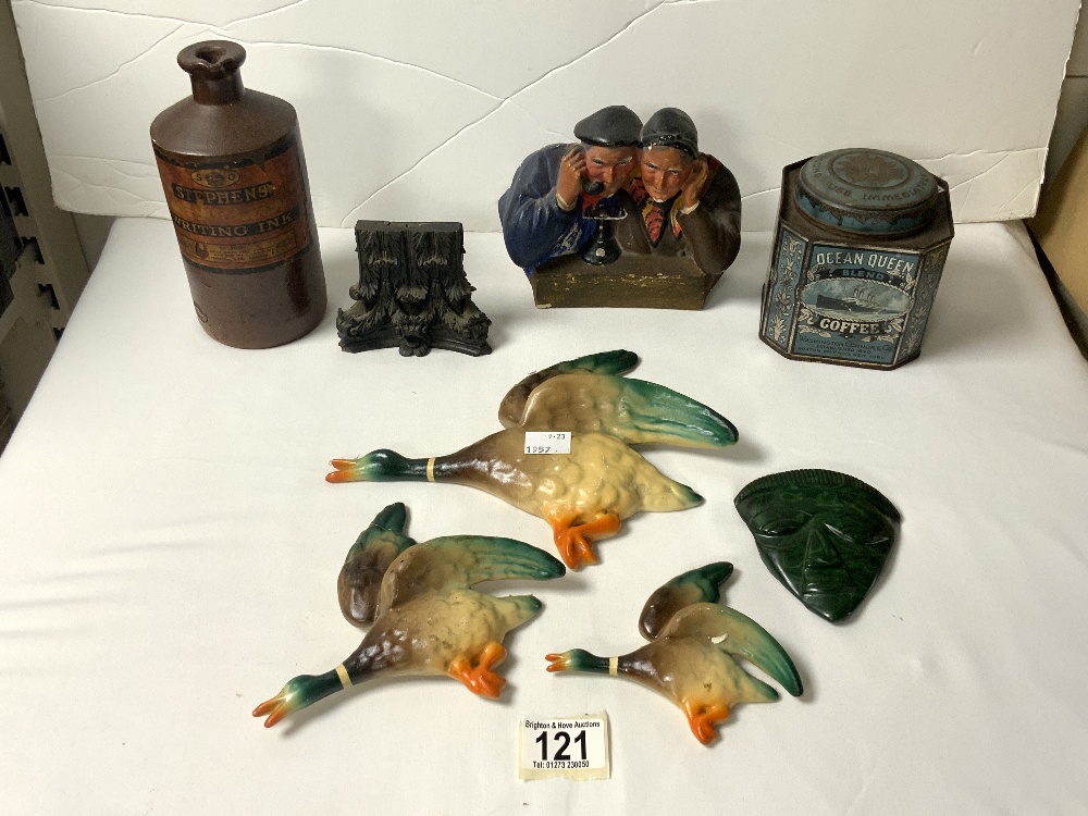 A STONEWARE ' STEPHENS ' INK BOTTLE, CARVED MALACITE FACE, 3 PLASTER FLYING DUCKS A/F, ETC.
