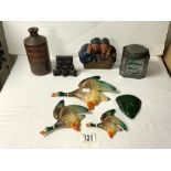 A STONEWARE ' STEPHENS ' INK BOTTLE, CARVED MALACITE FACE, 3 PLASTER FLYING DUCKS A/F, ETC.