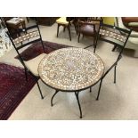 CIRCULAR METAL AND MOSAIC DESIGN GARDEN TABLE AND 2 CHAIRS.
