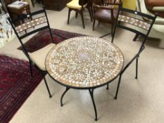 CIRCULAR METAL AND MOSAIC DESIGN GARDEN TABLE AND 2 CHAIRS.