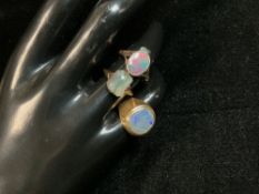 A 750 STAMPED GOLD OPAL SIGNET RING, SIZE J, 6.3 GMS, A 9CT GOLD OPAL SET RING, AND ANOTHER YELLOW