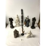 CHINESE BLANC DE CHIN FIGURE OF QUAN YIN, 27 CMS; CHINESE CERAMIC FIGURE OF MUD MAN AND BOY AND