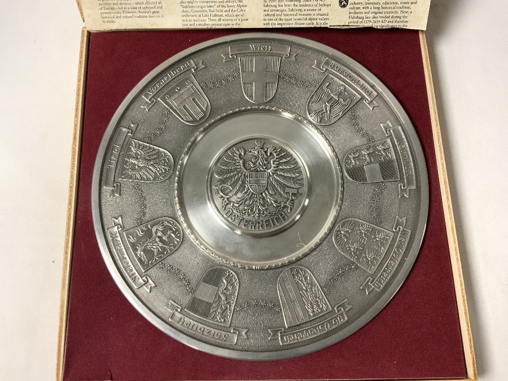 AUSTRIAN PEWTER WALL PLATE WITH PROVINCES COATS OF ARMS DECORATION, IN FITTED BOX.