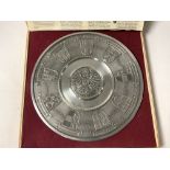 AUSTRIAN PEWTER WALL PLATE WITH PROVINCES COATS OF ARMS DECORATION, IN FITTED BOX.