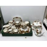 ROYAL ALBERT OLD COUNTRY ROSES 56 PIECE TEA AND DINNER SET, ALSO INCLUDES A CAKE STAND.