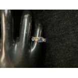 LADIES GOLD RING SET WITH TWO DIAMONDS AND THREE SAPPHIRES, SIZE J, 3.5 GRAMS.