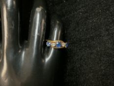 LADIES GOLD RING SET WITH TWO DIAMONDS AND THREE SAPPHIRES, SIZE J, 3.5 GRAMS.