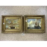 PAIR OF OILS ON WOODEN PANELS - COASTAL SCENES WITH FISHING BOATS, INDISTINCTLY SIGNED, ORNATELY