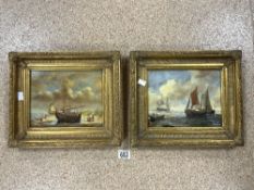 PAIR OF OILS ON WOODEN PANELS - COASTAL SCENES WITH FISHING BOATS, INDISTINCTLY SIGNED, ORNATELY