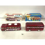 TWO VINTAGE TIN PLATE MODELS OF A COACH AND DOUBLE DECKER BUS BY - FRICTION WITH BOXES.