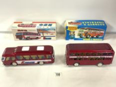 TWO VINTAGE TIN PLATE MODELS OF A COACH AND DOUBLE DECKER BUS BY - FRICTION WITH BOXES.