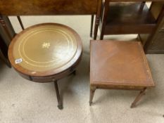 DRUM TABLE AND SIDE TABLE BOTH WITH LEATHER TOOLED LEATHER TOPS