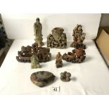 FOUR CHINESE SOAPSTONE FIGURES, 18CMS AND SOAPSTONE MUSHROOM ORNAMENT.