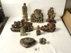 FOUR CHINESE SOAPSTONE FIGURES, 18CMS AND SOAPSTONE MUSHROOM ORNAMENT.