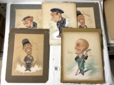 FIVE WATERCOLOUR SKETCHES OF CARICATURES BY FRANK HOLLAND, 1925, 31X25 CMS.