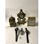 A SMALL BRASS LANTERN CLOCK, SMALL ORNATE BRASS MANTLE CLOCK, BATTERY MOON PHASE CLOCK, CASIO