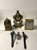 A SMALL BRASS LANTERN CLOCK, SMALL ORNATE BRASS MANTLE CLOCK, BATTERY MOON PHASE CLOCK, CASIO