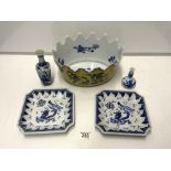 A MODERN CHINESE YELLOW GROUND SHAPED JARDINERE, 30X16 CMS, AND 2 BLUE AND WHITE PLATES AND 2