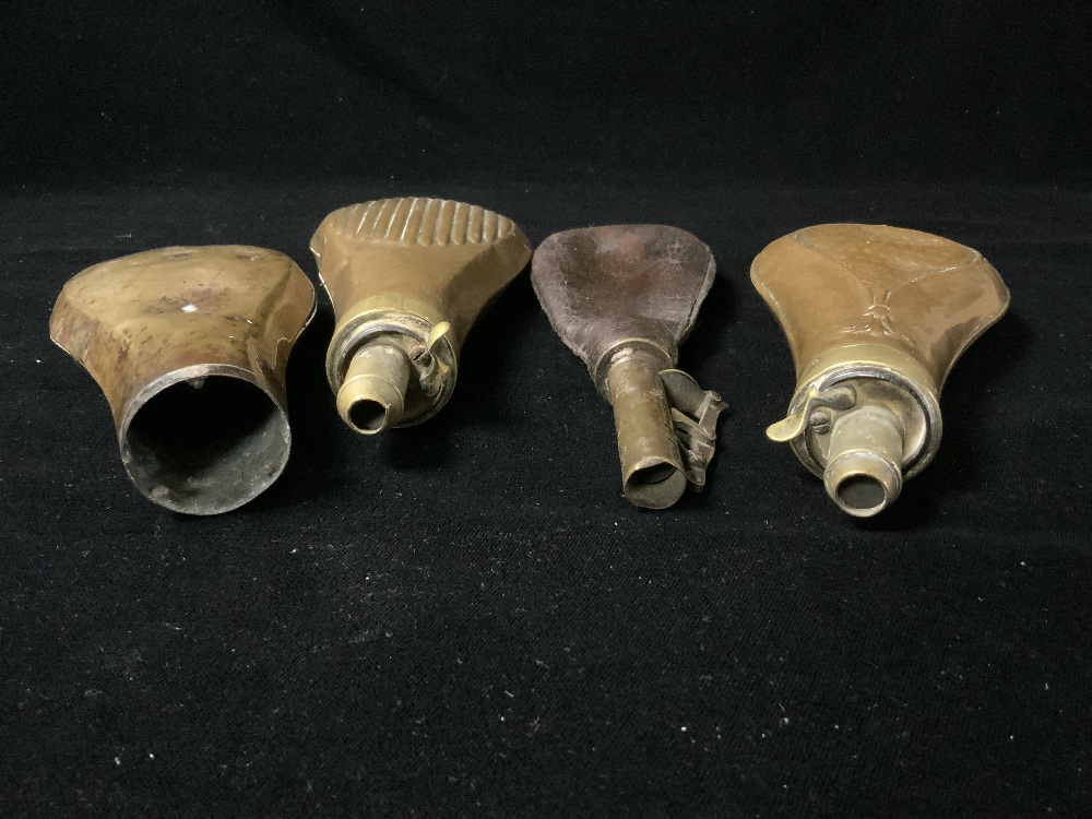 THREE ANTIQUE BRASS AND 1 LEATHER POWDER FLASKS. - Image 3 of 3