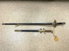 A REPRODUCTION NAVAL OFFICER'S SWORD WITH ENGRAVED BLADE AND REPTILE SKIN, BRASS LION HANDLE, AND