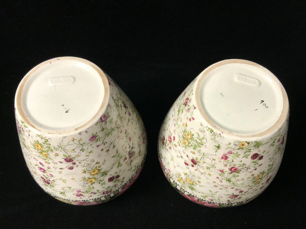 A PAIR OF LATE VICTORIAN TRANSFER PRINTED FLORAL VASES; 21 CMS. - Image 4 of 5