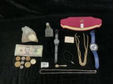 LOTUS PEARLS NECKLACE IN CASE, 2 GENTS WRISTWATCHES AND A MOVEMENT, USED COINS, 5 DOLLAR NOTE AND