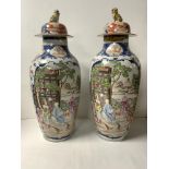 A PAIR OF PORCELAIN CHINESE EXPORT VASES AND COVERS, DECORATED WITH FIGURES AND COCKERELS AND DOG, '