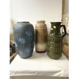 TW0 1960s WEST GERMAN CERAMIC VASES, 47CMS, AND A GREEN GLAZED JUG.