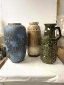 TW0 1960s WEST GERMAN CERAMIC VASES, 47CMS, AND A GREEN GLAZED JUG.