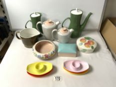 QUANTITY OF VINTAGE POOLE POTTERY WITH 1970'S PLASTIC EGG CUP HOLDERS