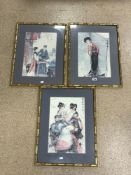 THREE CHINESE PRINTS FRAMED AND GLAZED WITH A BAMBOO STYLE FRAME 49 X 64CM