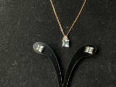 A 9K MARKED GOLD CHAIN AND PENDANT SET WITH SMALL DIAMOND AND 2 OTHER STONES, AND PAIR EARRINGS.